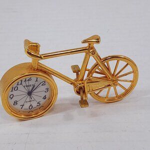 Vintage Timex Bicycle Miniature Clock 2"  bike mini gold Brass tone decor READ